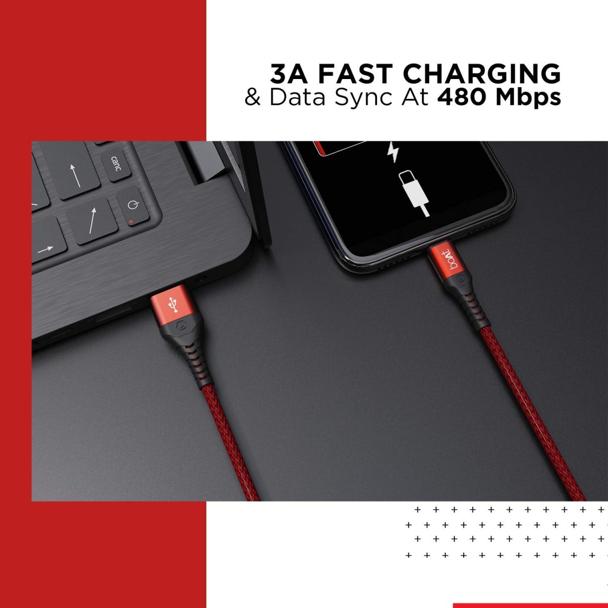 "boAt Micro USB 550 Cable | Stress-Resistant, Tangle-Free, 3A Fast Charging, 480Mbps Data Transfer – Martian Red"
