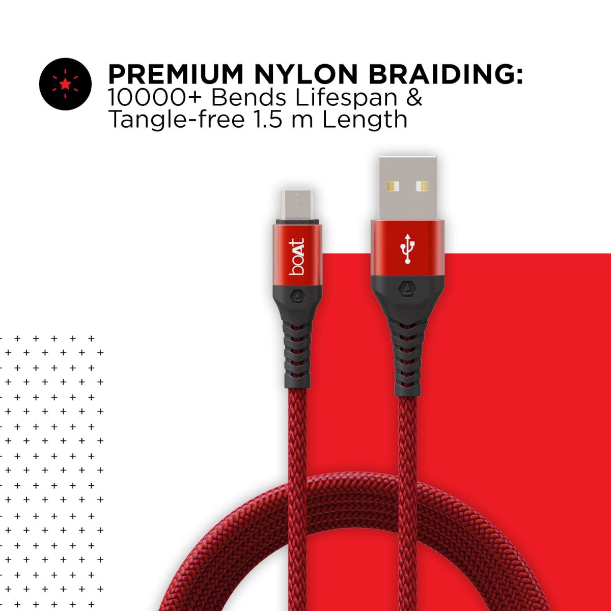"boAt Micro USB 550 Cable | Stress-Resistant, Tangle-Free, 3A Fast Charging, 480Mbps Data Transfer – Martian Red"