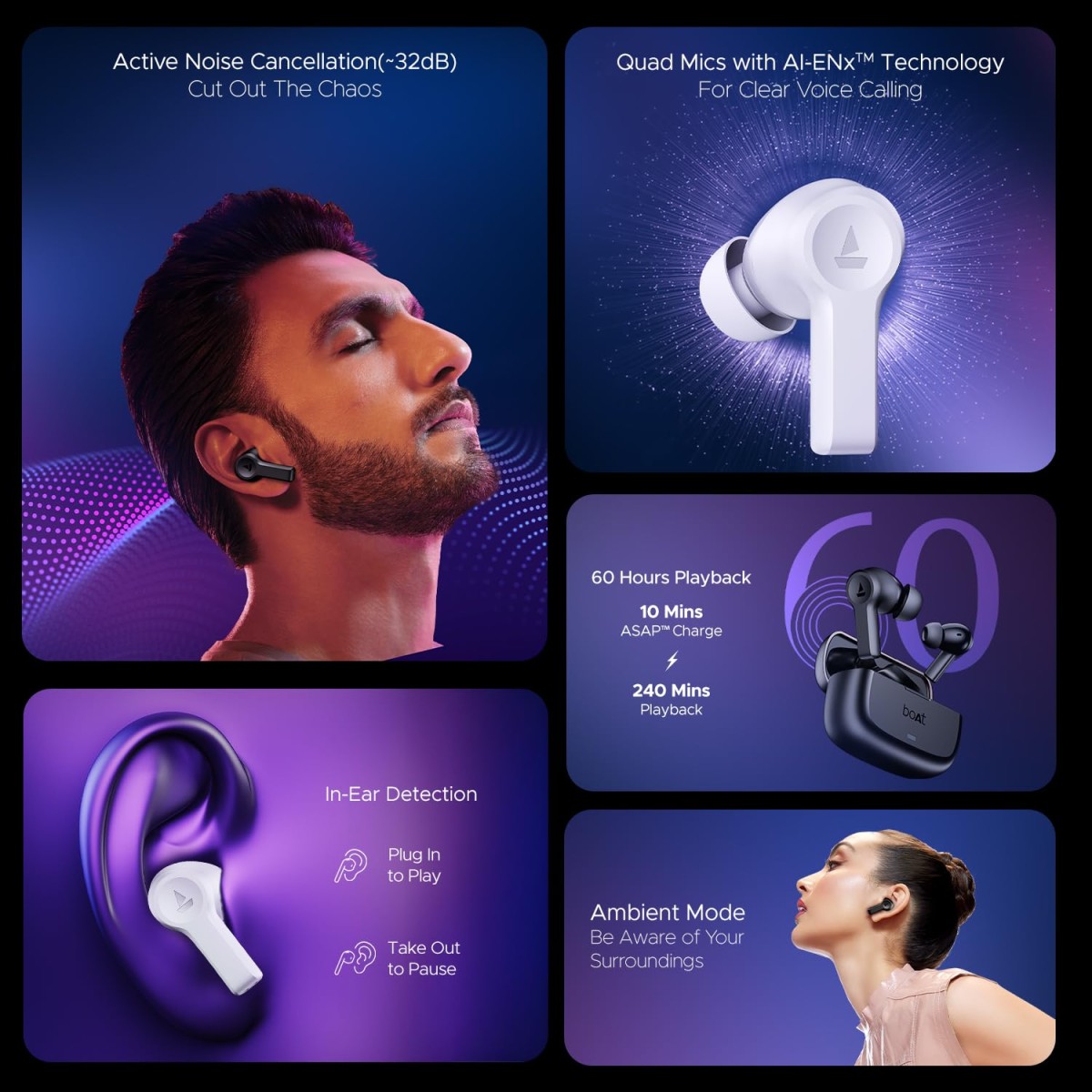 boAt Nirvana Lucid w/ 32 dB ANC, Multi-Point Connectivity, in-Ear Detection, 60HRS Playback, Hearables App, 4 Mics ENx, IPX5 Truly Wireless in Ear Earbuds, TWS Ear Buds