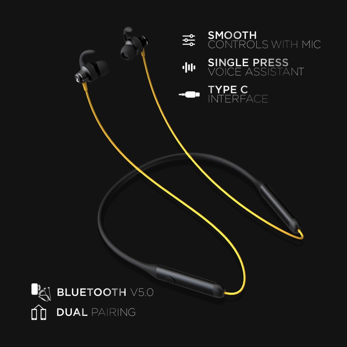 boAt Rockerz 338 in Ear Neckband with ASAP Charge, Enhanced Bass, Metal Control Board, IPX5, Type C Port Voice Assistant Bluetooth(Blazing Yellow)