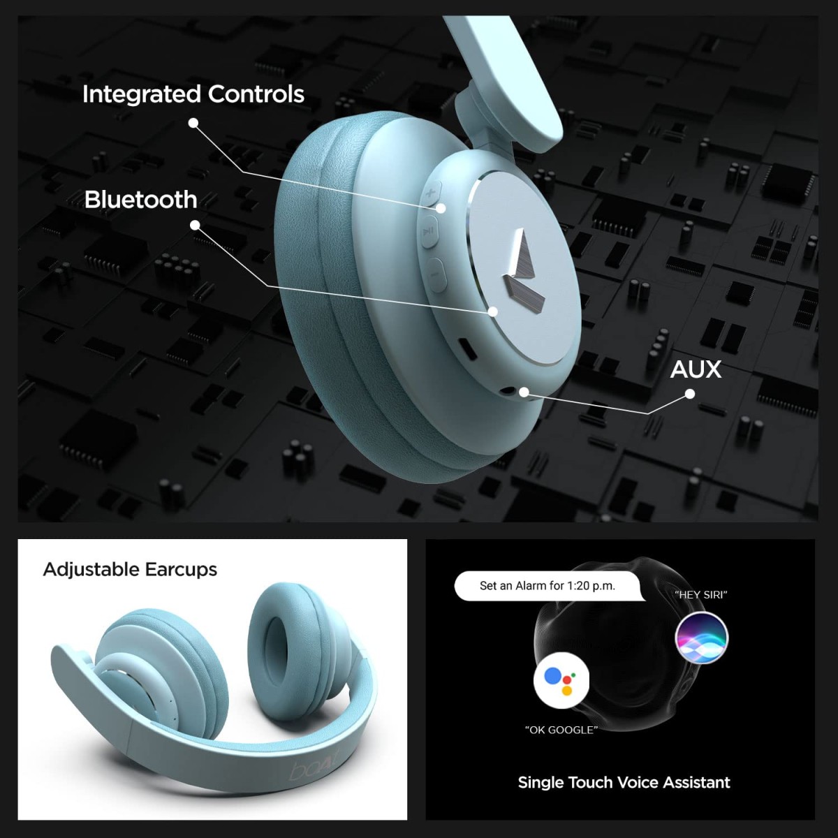 boAt rockerz 450 pro bluetooth wireless on ear headphones with mic aqua blue refurbished