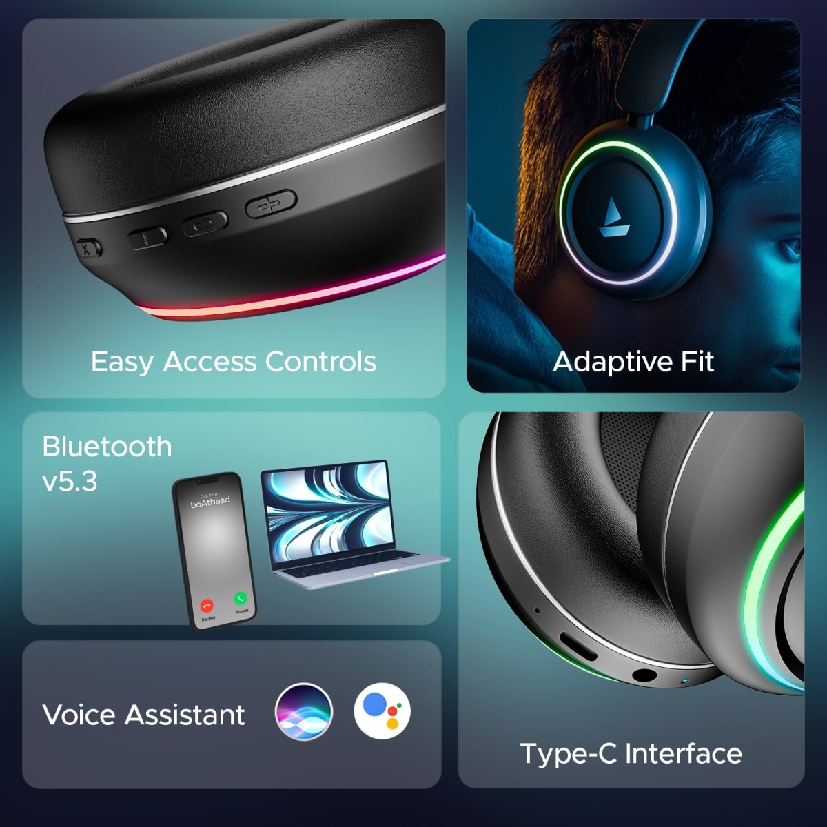 boAt Rockerz 480, RGB LEDs,6 Light Modes, 40mm Drivers,Beast Mode, 60H Battery, ENx Tech, Stream Ad Free Music via App Support, Bluetooth Headphones