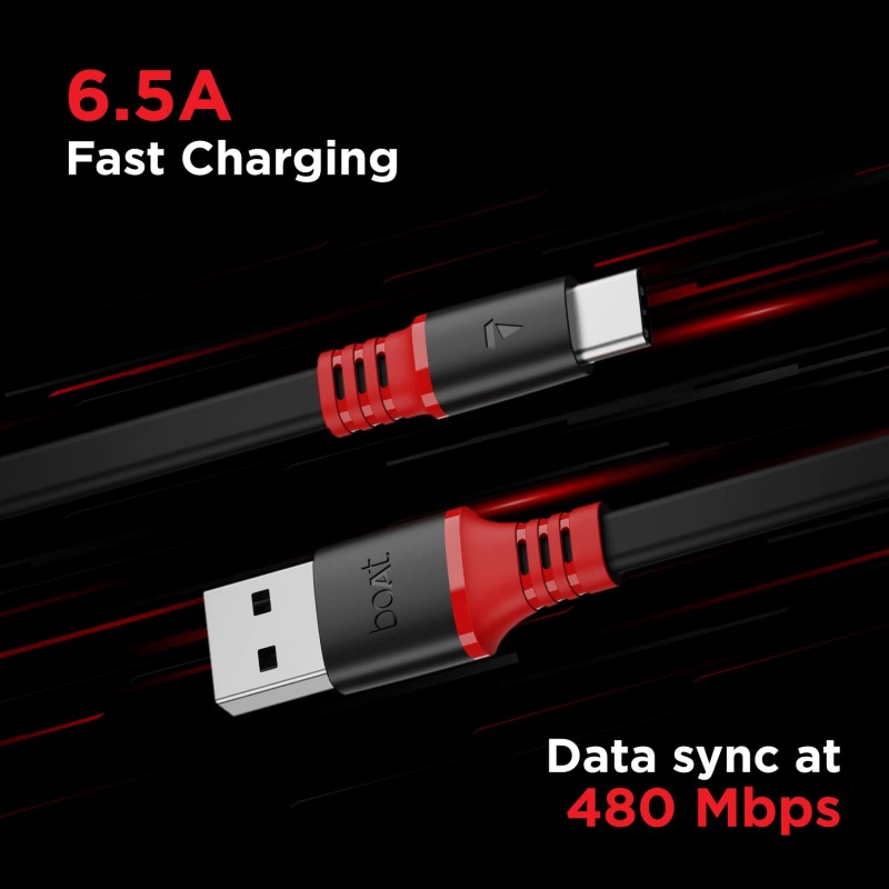 boAt Type C A750 6.5A Super Fast Charging Flat Cable Cable w/Stress Resistance, Upto 65W/6.5Amp & Compatible w/Xiaomi, Oneplus, Samsung, Vivo, Oppo,480 Mbps Data Transmission Speed(Rebellious Black) boAt Type C A750 6.5A Super Fast Charging Flat Cable Cable w/Stress Resistance, Upto 65W/6.5Amp & Compatible w/Xiaomi, Oneplus, Samsung, Vivo, Oppo,480 Mbps Data Transmission Speed(Rebellious Black)
