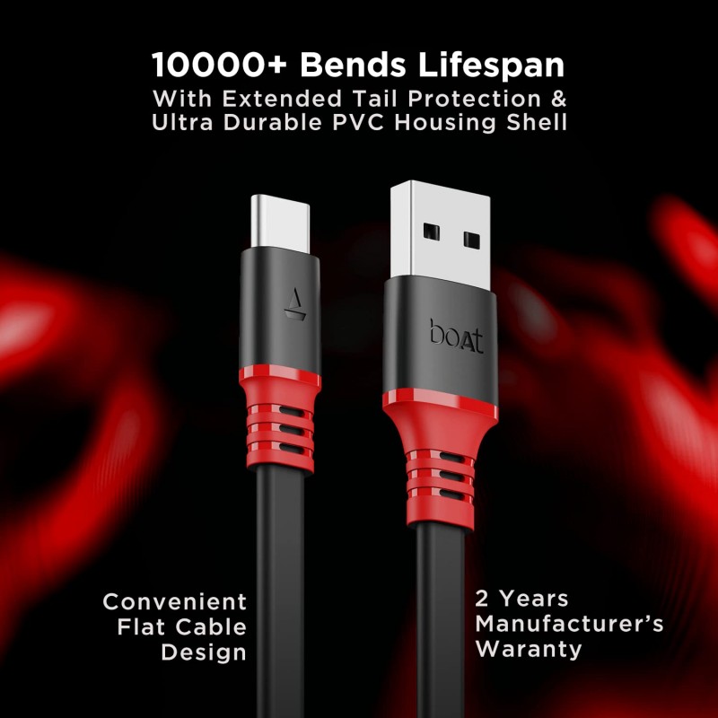 boAt Type C A750 6.5A Super Fast Charging Flat Cable Cable w/Stress Resistance, Upto 65W/6.5Amp & Compatible w/Xiaomi, Oneplus, Samsung, Vivo, Oppo,480 Mbps Data Transmission Speed(Rebellious Black) boAt Type C A750 6.5A Super Fast Charging Flat Cable Cable w/Stress Resistance, Upto 65W/6.5Amp & Compatible w/Xiaomi, Oneplus, Samsung, Vivo, Oppo,480 Mbps Data Transmission Speed(Rebellious Black)