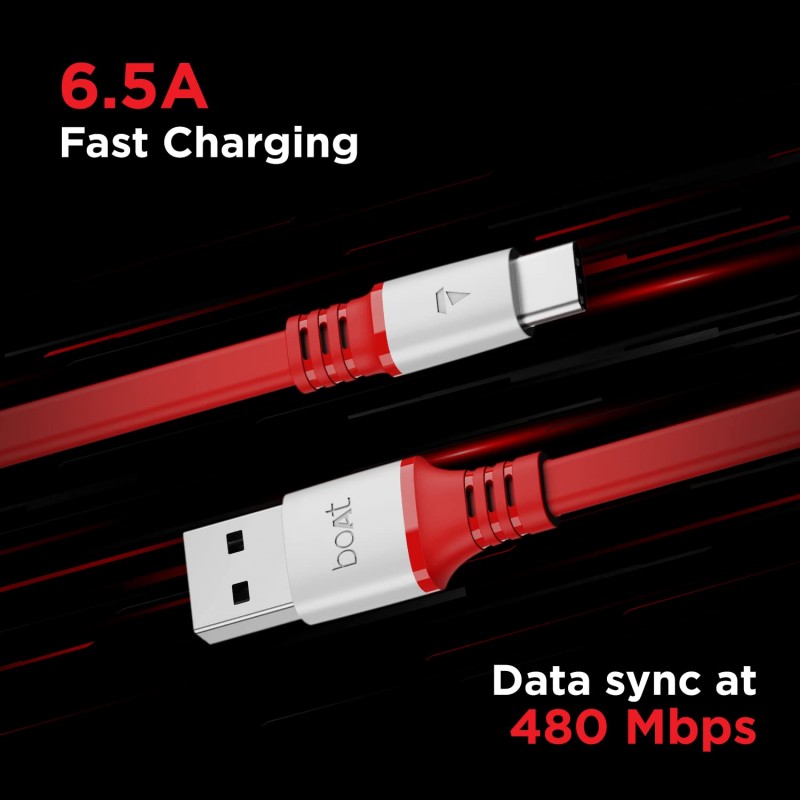 boAt Type C A750 6.5A Super Fast Charging Flat Cable Cable w/Stress Resistance, Upto 65W/6.5Amp & Compatible w/Xiaomi, Oneplus, Samsung, Vivo, Oppo,480 Mbps Data Transmission Speed(Rebellious Black) boAt Type C A750 6.5A Super Fast Charging Flat Cable Cable w/Stress Resistance, Upto 65W/6.5Amp & Compatible w/Xiaomi, Oneplus, Samsung, Vivo, Oppo,480 Mbps Data Transmission Speed(Rebellious Black)