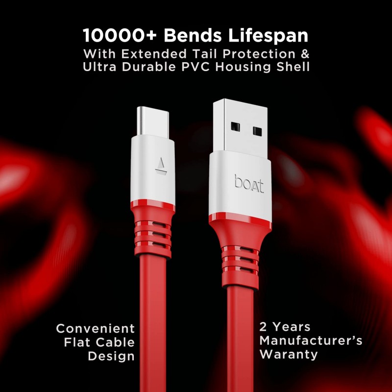 boAt Type C A750 6.5A Super Fast Charging Flat Cable Cable w/Stress Resistance, Upto 65W/6.5Amp & Compatible w/Xiaomi, Oneplus, Samsung, Vivo, Oppo,480 Mbps Data Transmission Speed(Rebellious Black) boAt Type C A750 6.5A Super Fast Charging Flat Cable Cable w/Stress Resistance, Upto 65W/6.5Amp & Compatible w/Xiaomi, Oneplus, Samsung, Vivo, Oppo,480 Mbps Data Transmission Speed(Rebellious Black)