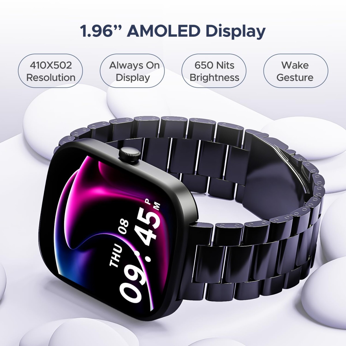 boAt Wave Convex 1.96" (4.9 cm) AMOLED Display, Advanced Bluetooth Calling, Coins, DIY Watch Face Studio, Female Wellness, Energy & Sleep Score, IP67, Smart Watch for Men & Women(Active Black)