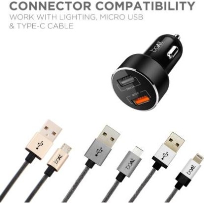 BoAt 3 Amp Qualcomm 3.0 Turbo Car Charger With USB Cable Black