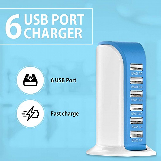 BRIX 30W Multi 6 Port USB Charger 6A Rapid Charging Station Desktop Travel Hub - Black 