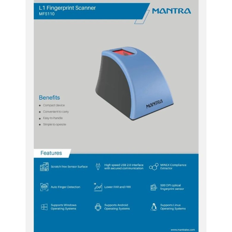 Mantra MFS110 with Aadhaar RD Service L1 Biometric Fingerprint Scanner with 1 Year Rd service Mantra MFS110 with Aadhaar RD Service L1 Biometric Fingerprint Scanner with 1 Year Rd service