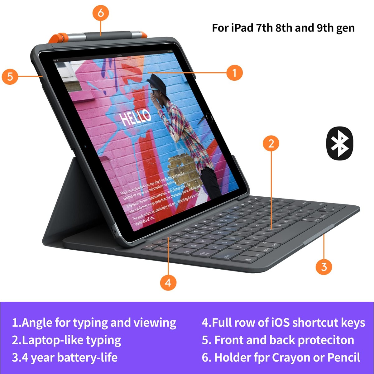 Logitech Slim Folio Integrated Keyboard Case with Bluetooth for iPad 7th Gen