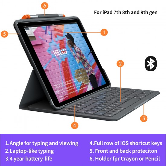 Logitech Slim Folio Integrated Keyboard Case with Bluetooth for iPad 7th Gen 