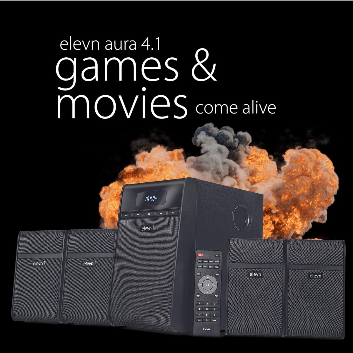 elevn Aura 120W 4.1 Channel Wireless, USB, Auxiliary, Bluetooth Subwoofer - Black elevn Aura 120W 4.1 Channel Wireless, USB, Auxiliary, Bluetooth Subwoofer - Black