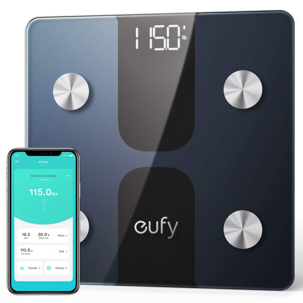 eufy Smart Scale C1 with Bluetooth, Large LED Display, 12 Measurements, Weight/Body Fat/BMI/Fitness Body Composition Analysis, Auto On/Off, Auto Zeroing, Tempered Glass Surface, Black, lbs/kg
