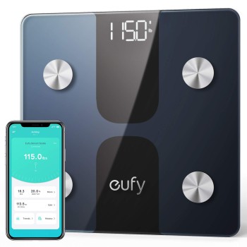 eufy Smart Scale C1 with Bluetooth, Large LED Display, 12 Measurements, Weight/Body Fat/BMI/Fitness Body Composition Analysis, Auto On/Off, Auto Zeroing, Tempered Glass Surface, Black, lbs/kg