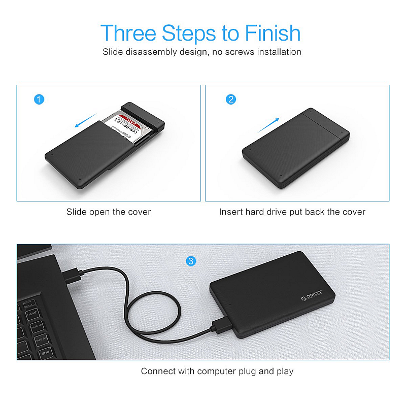 Orico 2.5" USB 3.0 HDD Enclosure Case Cover for SATA SSD HDD | SATA SSD HDD Enclosure High Speed USB 3.0 | Tool Free Installation | Black