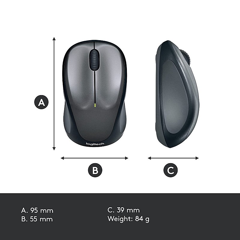 Logitech M235 Wireless Mouse, 2.4 GHz with USB Unifying Receiver, 1000 DPI Optical Tracking (Black/Grey)