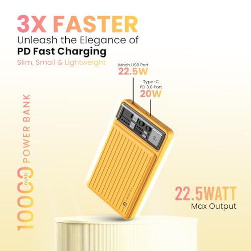 Portronics Luxcell Mini 10K Advanced Smallest Power Bank with 22.5W Max Output, LED Indicator, Mach USB-A Output, Type C PD Output, Type C Input,