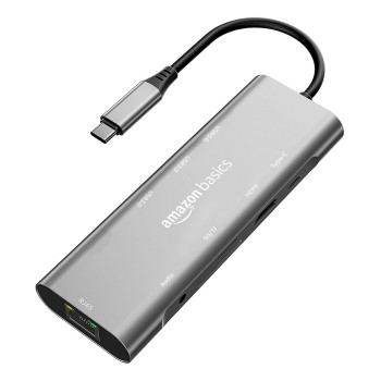 AmazonBasics Amazon Basics USB-C Hub Dock 9-in-1 Aluminium Type-C Adapter with 4K HDMI, Ethernet 1000mbps Windows USB-C Devices