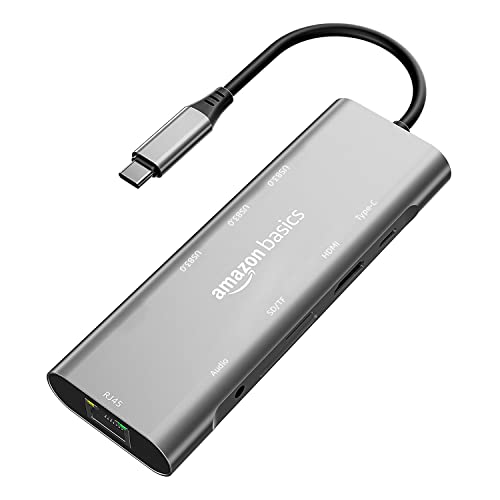AmazonBasics Amazon Basics USB-C Hub Dock 9-in-1 Aluminium Type-C Adapter with 4K HDMI, Ethernet 1000mbps Windows USB-C Devices