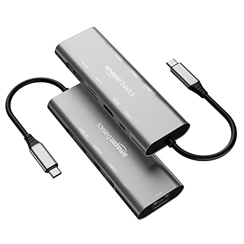 AmazonBasics Amazon Basics USB-C Hub Dock 9-in-1 Aluminium Type-C Adapter with 4K HDMI, Ethernet 1000mbps Windows USB-C Devices