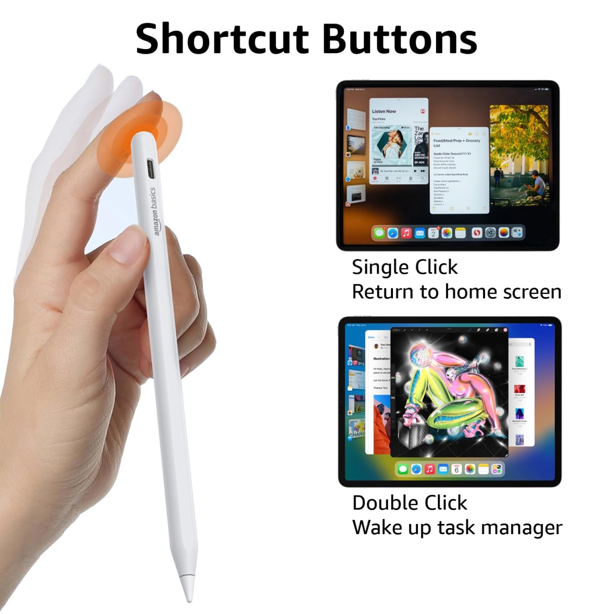 AmazonBasics Amazon Basics Stylus Pen for iPad with Magnetic Wireless Charging, Palm Rejection, Apple Pencil Compatible (White)