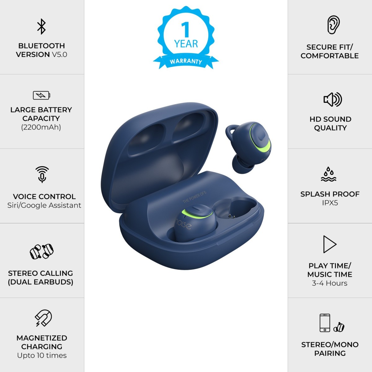 Noise Shots X5 Charge True Wireless Bluetooth (Acid Blue, True Wireless)