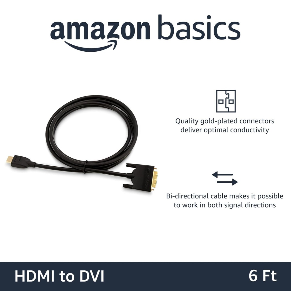 AmazonBasics HL-007347 HDMI Input to DVI Output (Not VGA) Adapter Cable, 6 Feet, Black