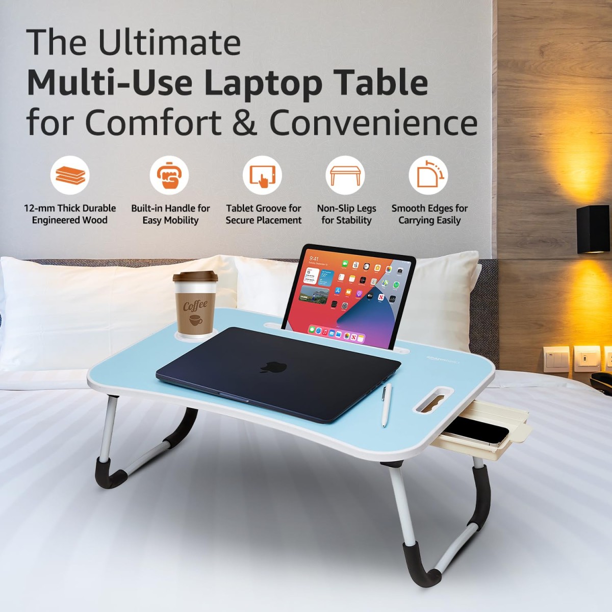 Amazon Basics Engineered Wood Foldable Laptop Table with Cup Holder, Tablet Groove and Mini Drawer (60L x 40W x 26H cm, Pink) Amazon Basics Engineered Wood Foldable Laptop Table with Cup Holder, Tablet Groove and Mini Drawer (60L x 40W x 26H cm, Pink)