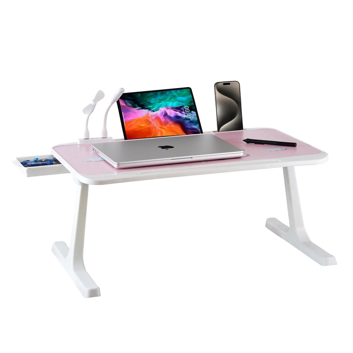 GoRogue Laptop Table for Bed & Sofa, Foldable Desk with Cup Holder, Drawer & Built-in USB Hub with Free Mini Fan, LED Lamp (Pink) GoRogue Laptop Table for Bed & Sofa, Foldable Desk with Cup Holder, Drawer & Built-in USB Hub with Free Mini Fan, LED Lamp (Pink)