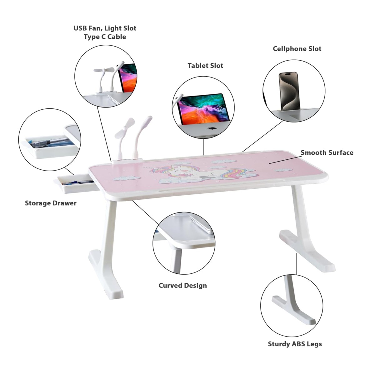 GoRogue Laptop Table for Bed & Sofa, Foldable Desk with Cup Holder, Drawer & Built-in USB Hub with Free Mini Fan, LED Lamp (Pink) GoRogue Laptop Table for Bed & Sofa, Foldable Desk with Cup Holder, Drawer & Built-in USB Hub with Free Mini Fan, LED Lamp (Pink)