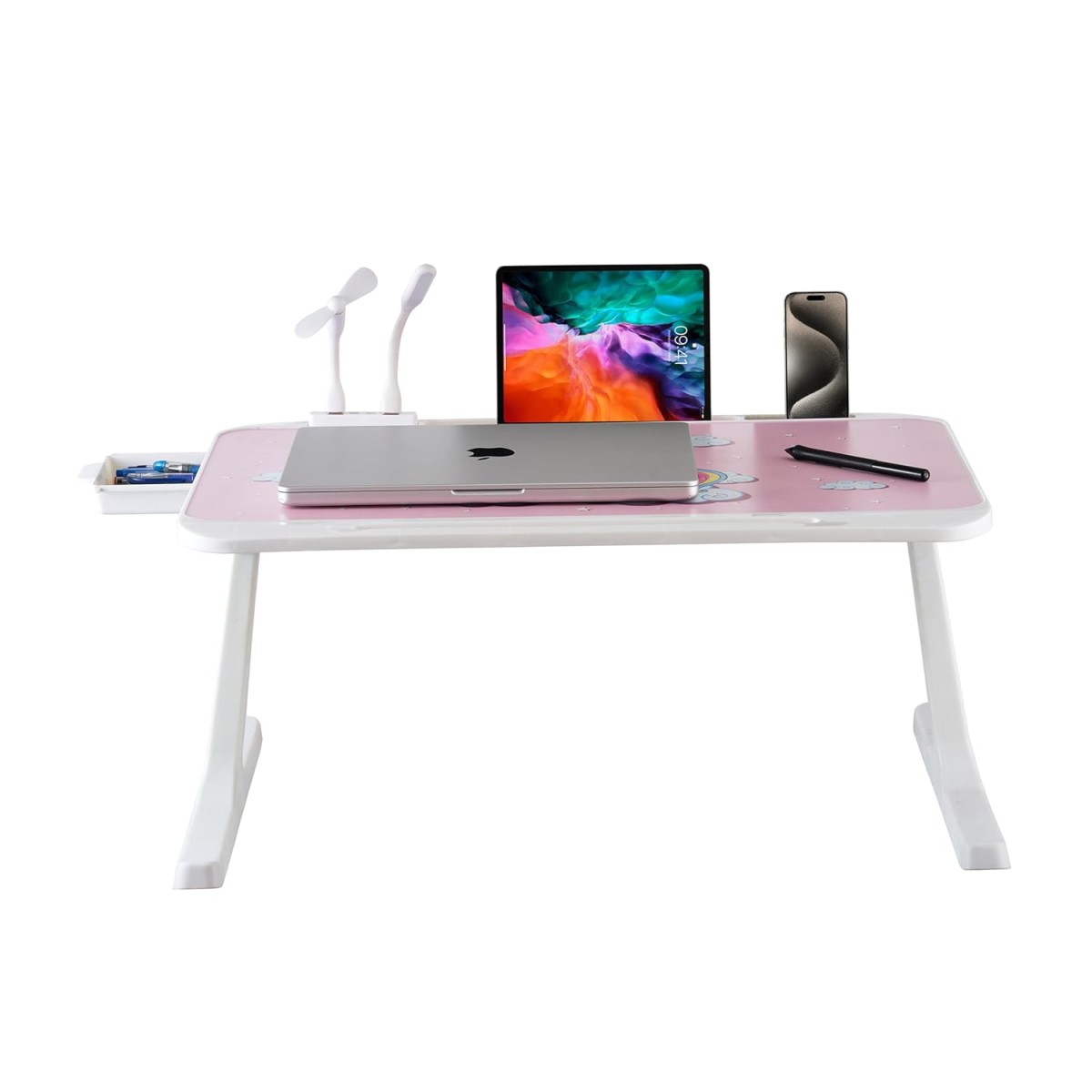 GoRogue Laptop Table for Bed & Sofa, Foldable Desk with Cup Holder, Drawer & Built-in USB Hub with Free Mini Fan, LED Lamp (Pink) GoRogue Laptop Table for Bed & Sofa, Foldable Desk with Cup Holder, Drawer & Built-in USB Hub with Free Mini Fan, LED Lamp (Pink)