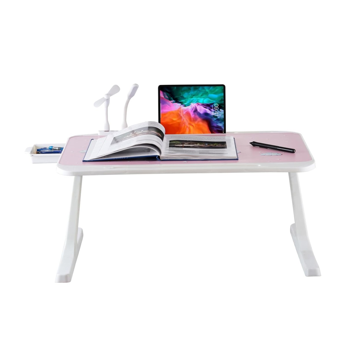 GoRogue Laptop Table for Bed & Sofa, Foldable Desk with Cup Holder, Drawer & Built-in USB Hub with Free Mini Fan, LED Lamp (Pink) GoRogue Laptop Table for Bed & Sofa, Foldable Desk with Cup Holder, Drawer & Built-in USB Hub with Free Mini Fan, LED Lamp (Pink)