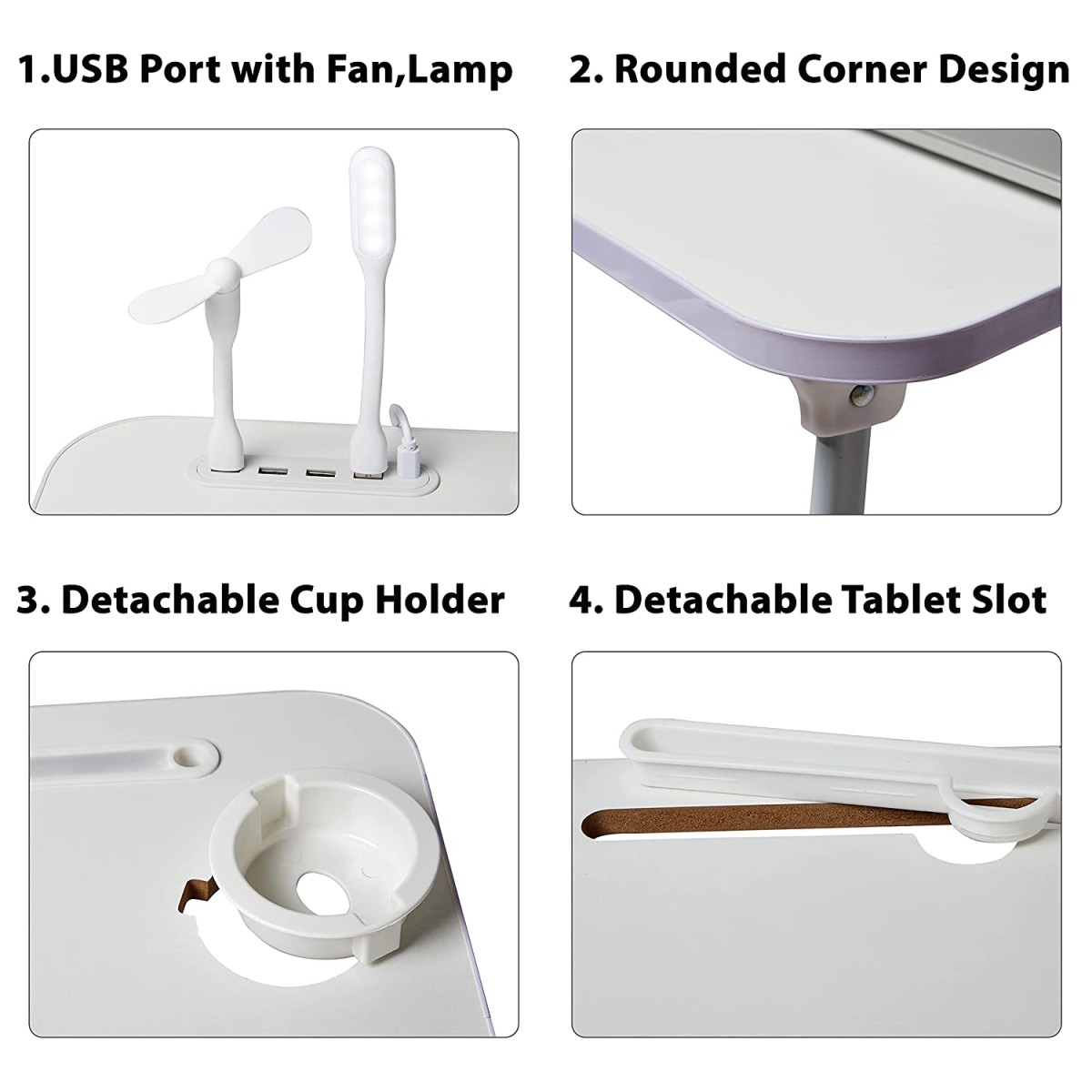 GoRogue Laptop Table for Bed & Sofa, Foldable Desk with Cup Holder, Drawer & Built-in USB Hub with Free Mini Fan, LED Lamp (White)
