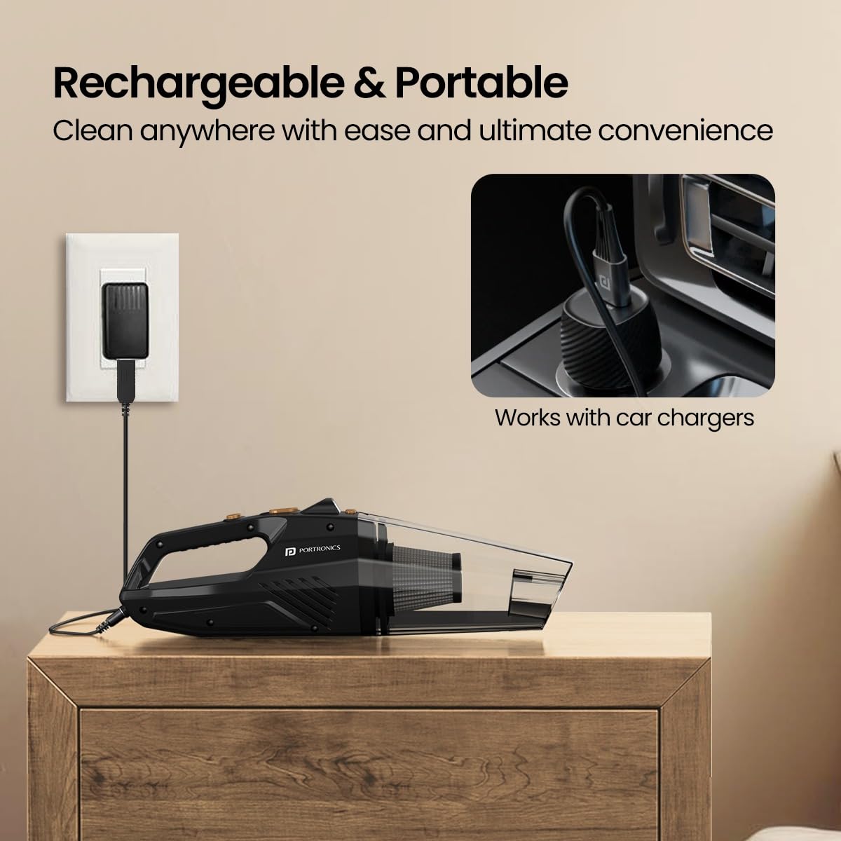 Portronics Mopcop Rechargeable Handheld Vacuum Cleaner for Home & Car, Washable HEPA Filter, Multi-Function Nozzles, Deep Cleaning, Cordless, Dry