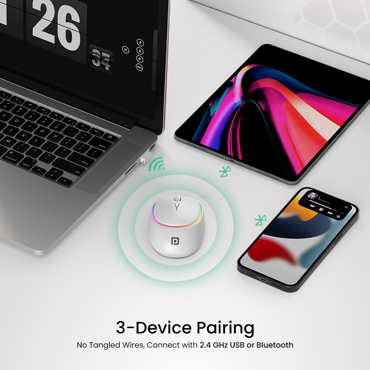 Portronics Toad IV Bluetooth Mouse with 2.4 GHz Wireless (Dual Connectivity), Rechargeable, Connect up to 3 Devices, RGB Lights, Adjustable Optical