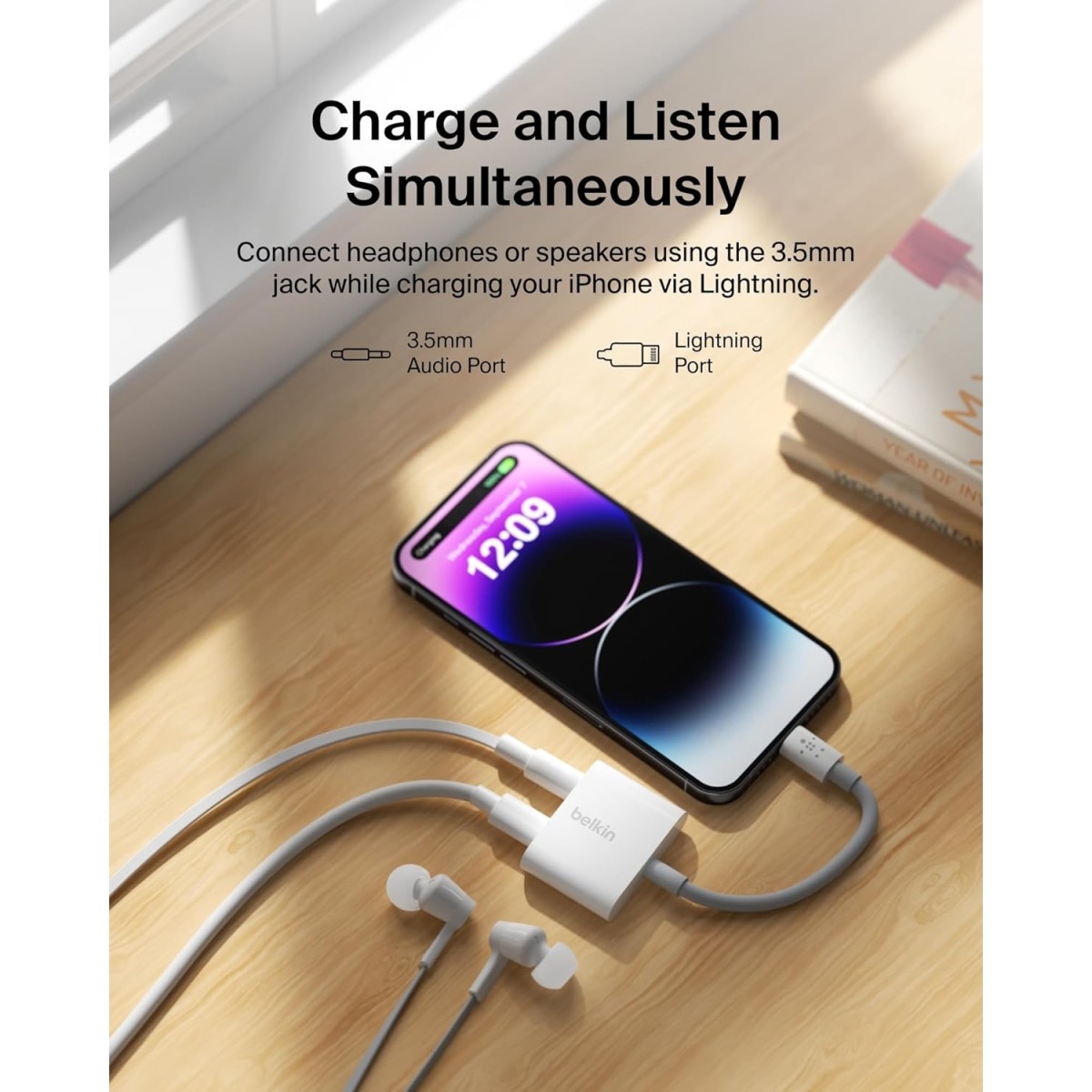 Belkin RockStar Lightning to 3.5mm Audio Cable + Audio Charger Splitter, 2-in-1 Aux iPhone Headphone and Charger Adapter - Compatible with iPhone 14