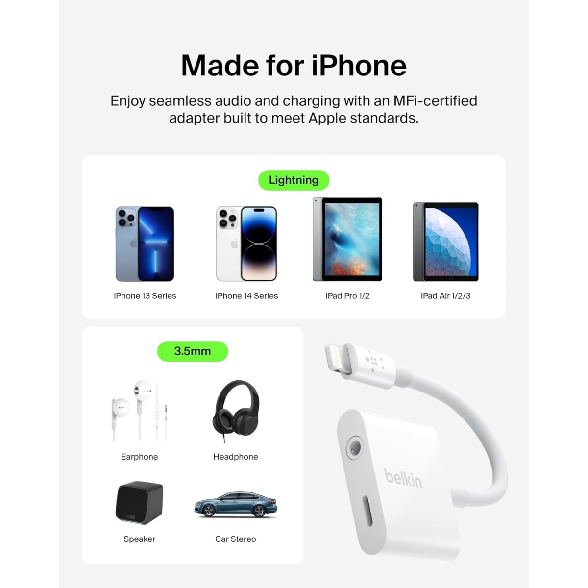 Belkin RockStar Lightning to 3.5mm Audio Cable + Audio Charger Splitter, 2-in-1 Aux iPhone Headphone and Charger Adapter - Compatible with iPhone 14
