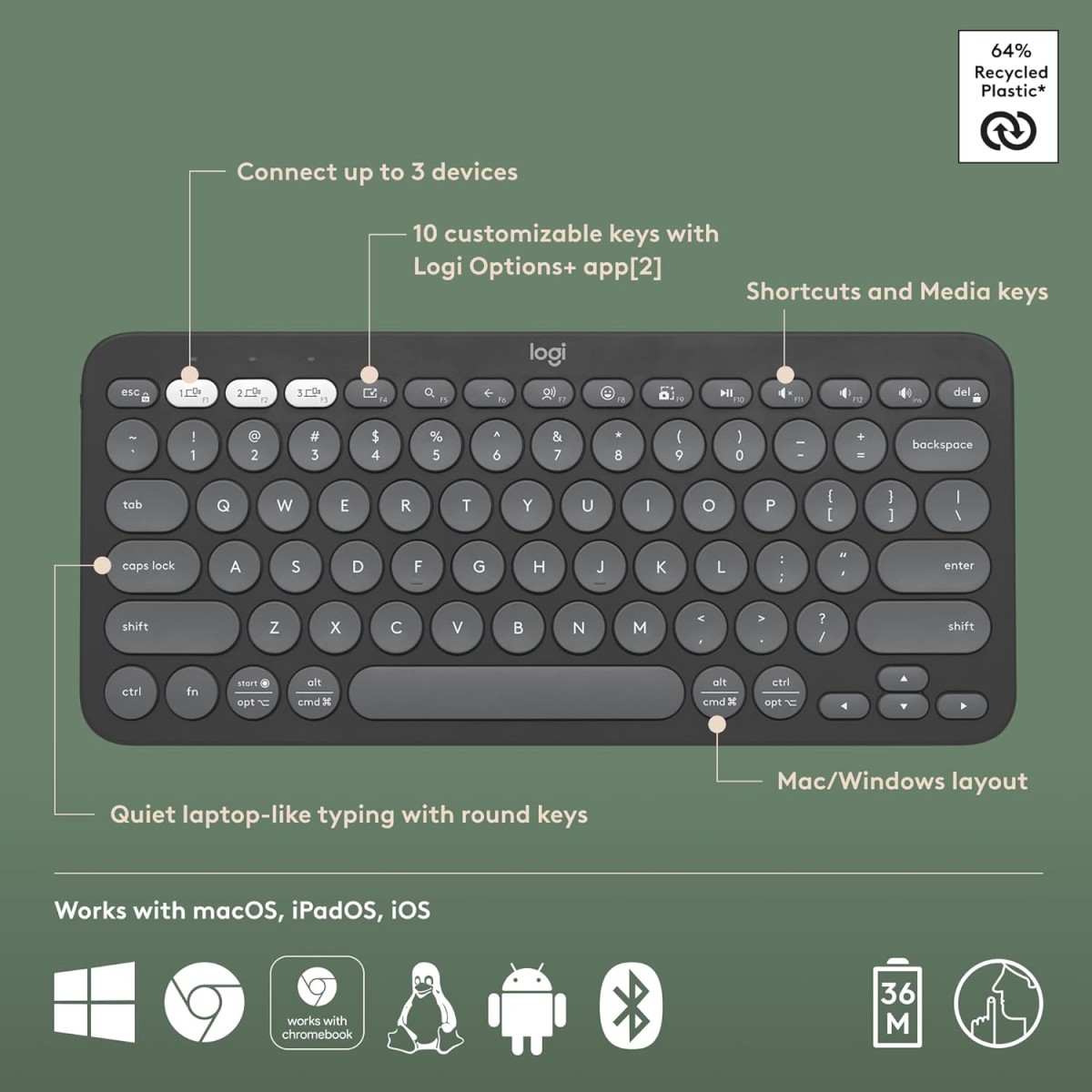 Logitech Pebble Keys 2 K380s, Multi-Device Bluetooth Wireless Keyboard with Customisable Shortcuts Logitech Pebble Keys 2 K380s, Multi-Device Bluetooth Wireless Keyboard with Customisable Shortcuts