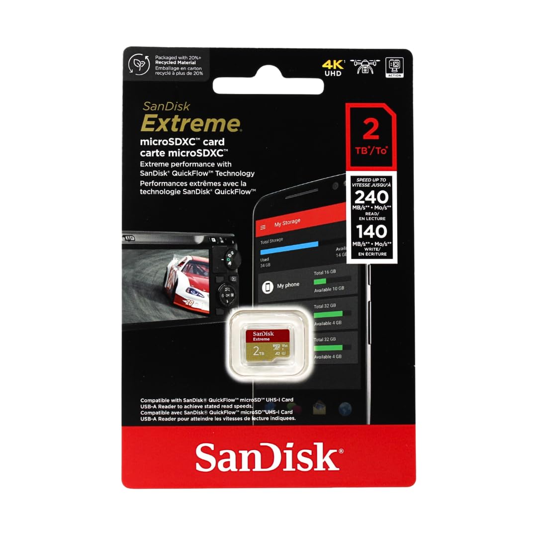 SanDisk Extreme 1TB microSDXC UHS-I, V30, 190MB/s Read, 130MB/s Write, Memory Card for 4K Video on Smartphones, Action Cams and Drones SanDisk Extreme 1TB microSDXC UHS-I, V30, 190MB/s Read, 130MB/s Write, Memory Card for 4K Video on Smartphones, Action Cams and Drones