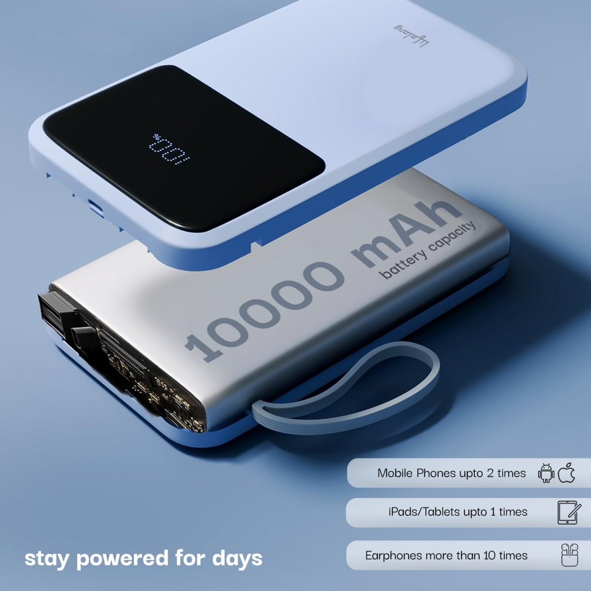 Lifelong Electronics 10000mAh 22.5W Fast Charging Power Bank | 3 Inputs (in-Built USB Cable + Lightning + Type-C Port) | 6 Outputs (3 in-Built Cables