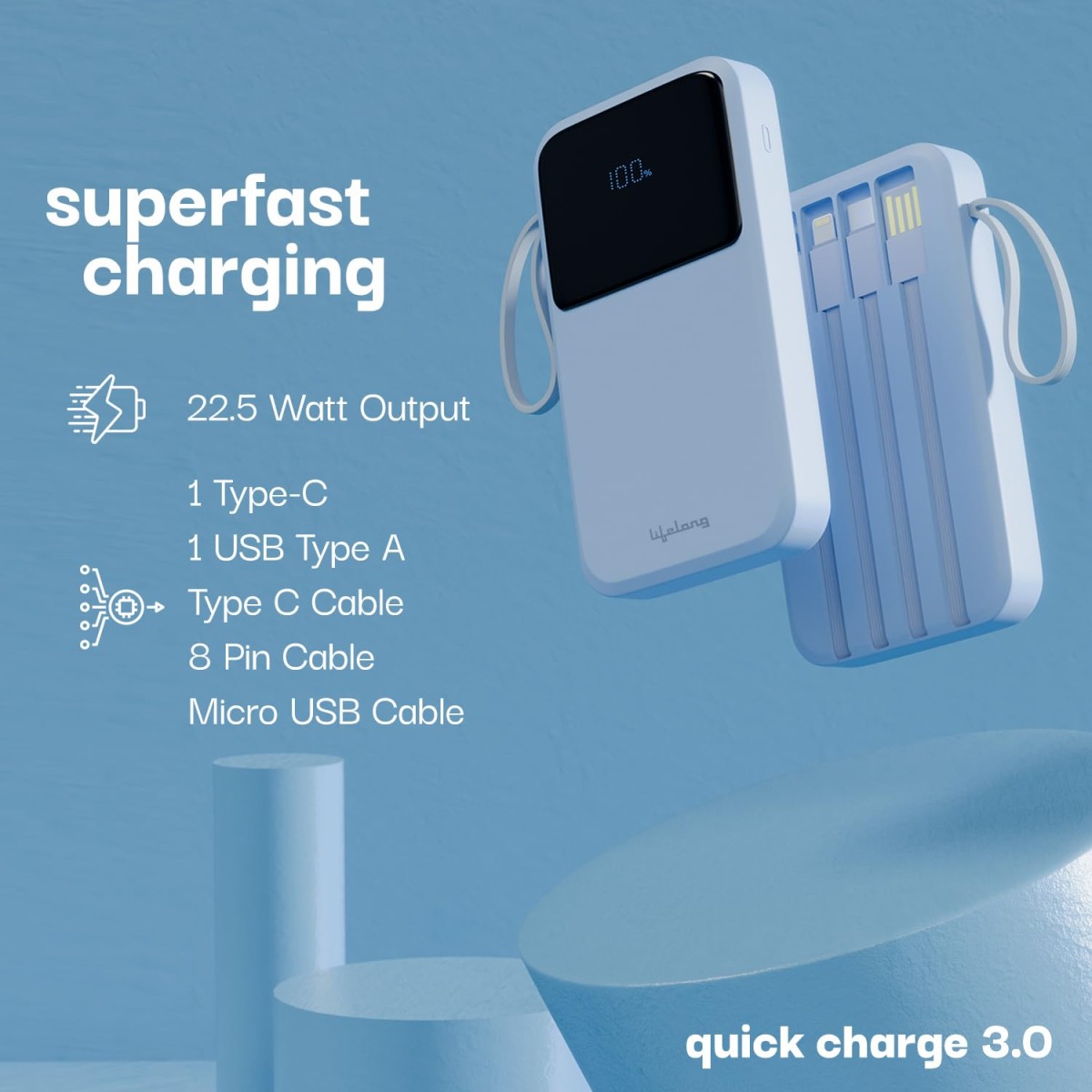 Lifelong Electronics 10000mAh 22.5W Fast Charging Power Bank | 3 Inputs (in-Built USB Cable + Lightning + Type-C Port) | 6 Outputs (3 in-Built Cables