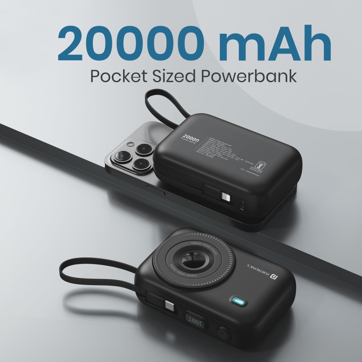 Portronics Power Shutter 20000mAh 15W Magnetic Wireless Fast Charging Powerbank with in-Built Type C & 8 Pin Cable (Black)