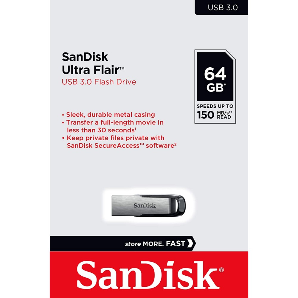 Sandisk Ultra Flair USB Flash Drive, 64 GB, Silver (SDCZ73-064G-A46) Sandisk Ultra Flair USB Flash Drive, 64 GB, Silver (SDCZ73-064G-A46)