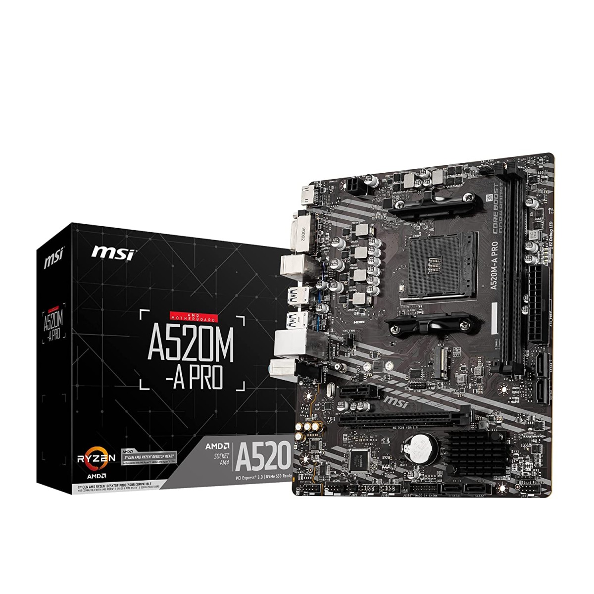 MSI A520M-A PRO Motherboard AMD Ryzen 3000 3rd Gen AM4 DDR4 M.2 USB 3.2 Gen 1 HDMI, Micro ATX 7C96-001R