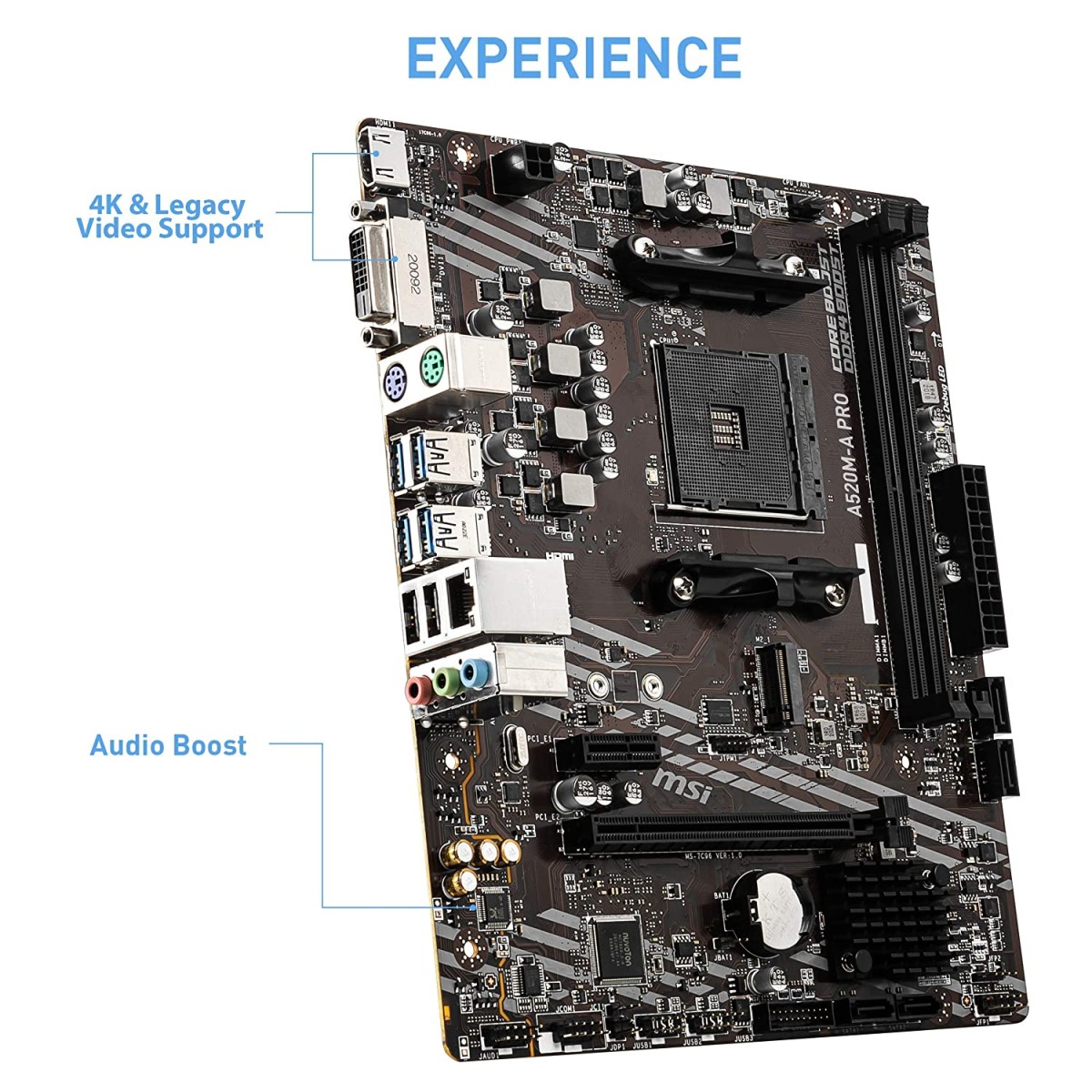 MSI A520M-A PRO Motherboard AMD Ryzen 3000 3rd Gen AM4 DDR4 M.2 USB 3.2 Gen 1 HDMI, Micro ATX 7C96-001R