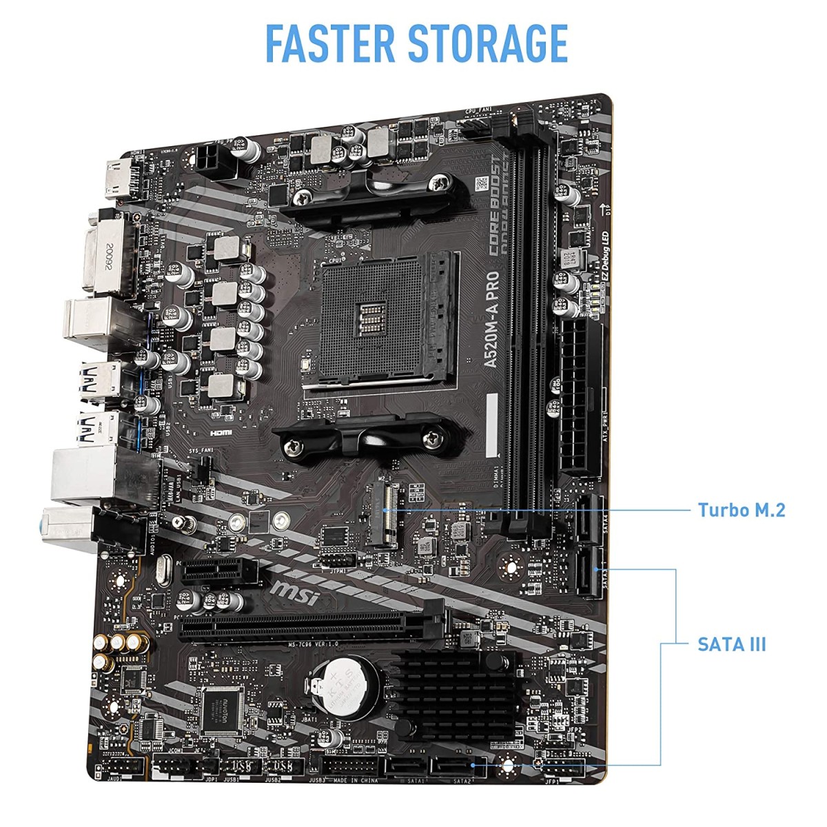 MSI A520M-A PRO Motherboard AMD Ryzen 3000 3rd Gen AM4 DDR4 M.2 USB 3.2 Gen 1 HDMI, Micro ATX 7C96-001R