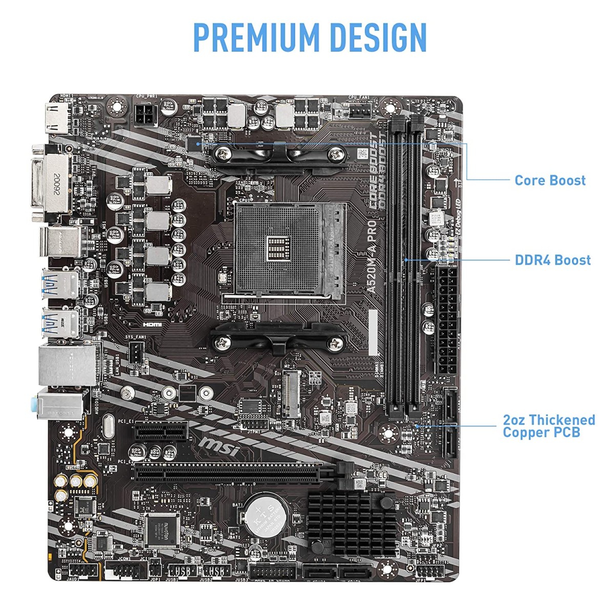MSI A520M-A PRO Motherboard AMD Ryzen 3000 3rd Gen AM4 DDR4 M.2 USB 3.2 Gen 1 HDMI, Micro ATX 7C96-001R