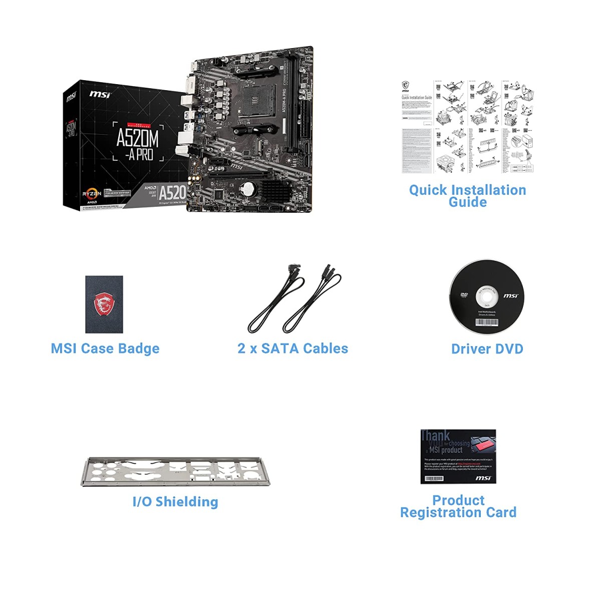 MSI A520M-A PRO Motherboard AMD Ryzen 3000 3rd Gen AM4 DDR4 M.2 USB 3.2 Gen 1 HDMI, Micro ATX 7C96-001R