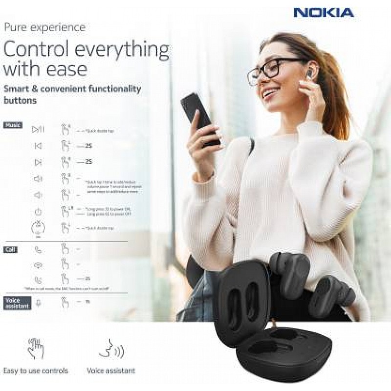 Nokia T3110 Hybrid Active Noise Cancellation Bluetooth Headset Charcoal Black True Wireless